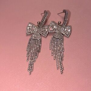 Silver Crystal Bow Fringe Earrings - Women Jewelry